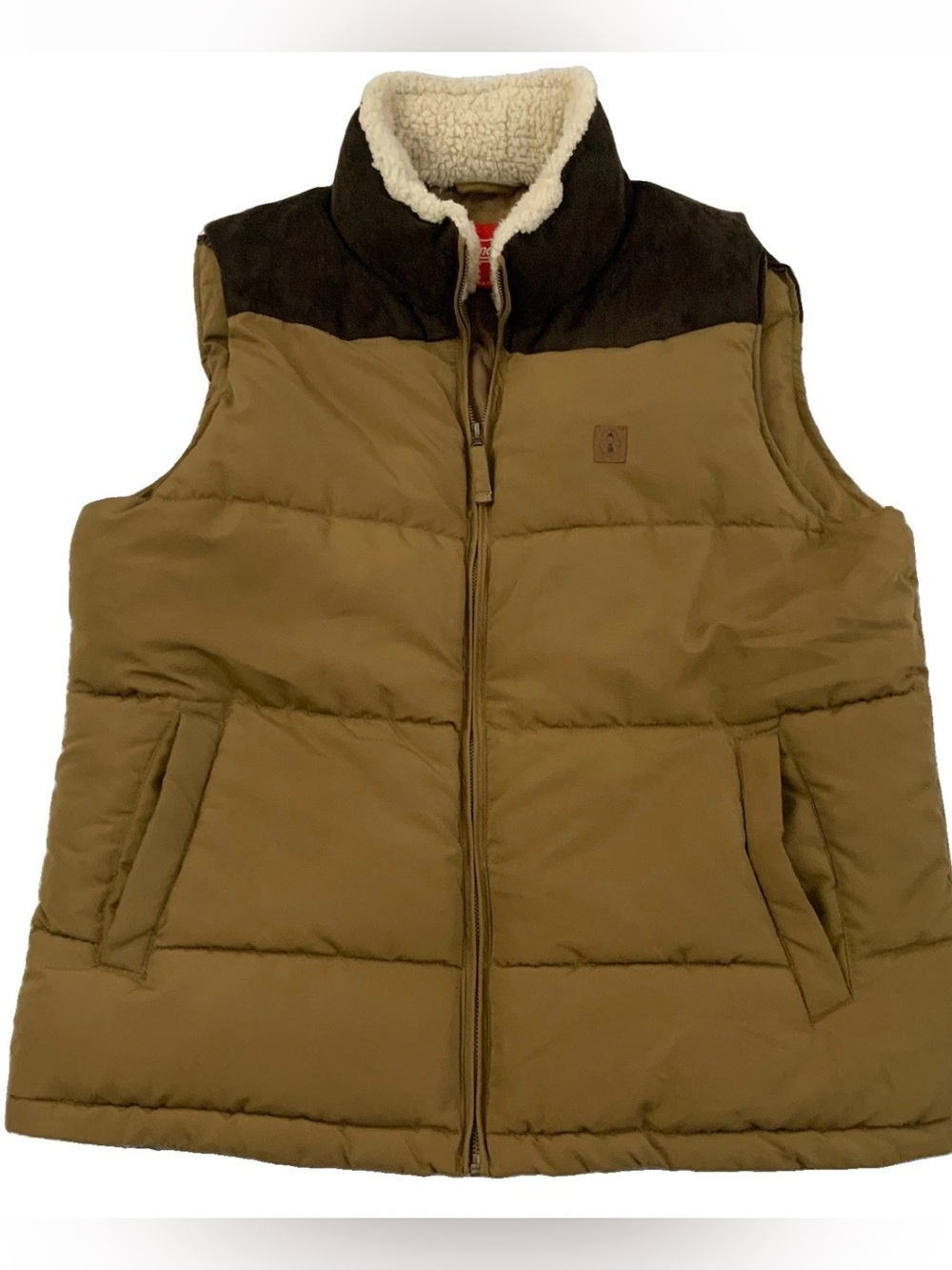 Coleman Puffer Vest Men's Size Medium Brown Tan Sherpa Collar Full Zip Soft Cozy